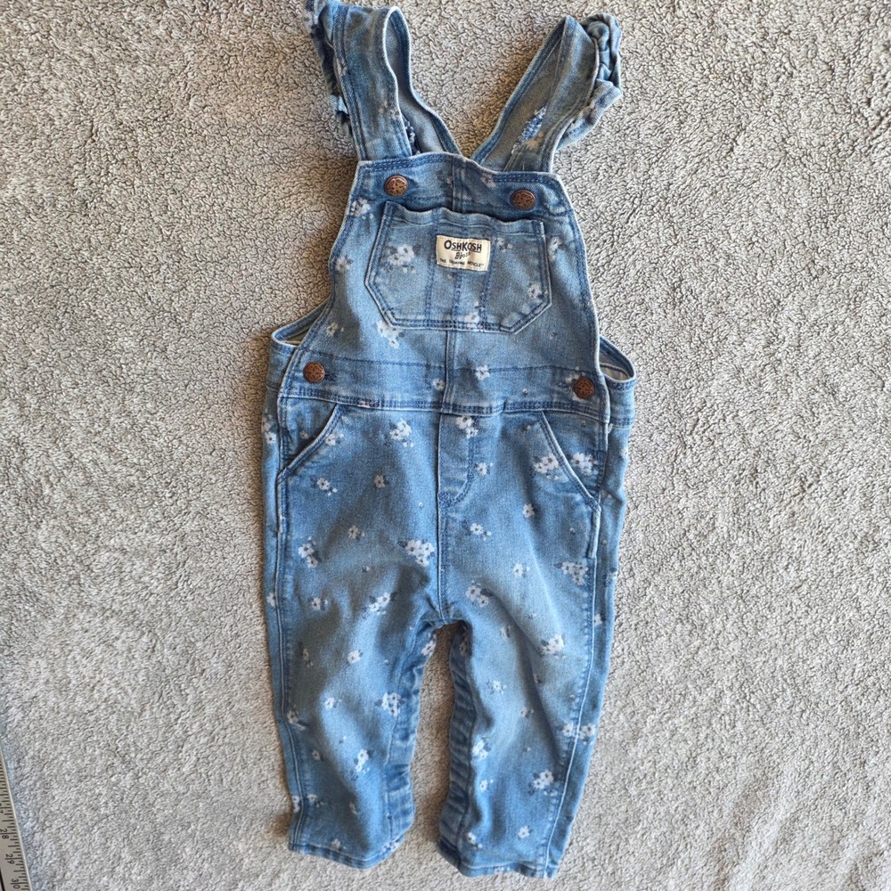 OshKosh Bgosh Baby Floral Denim Overalls Blue Ruffle Straps 18M OSH89379-SSI